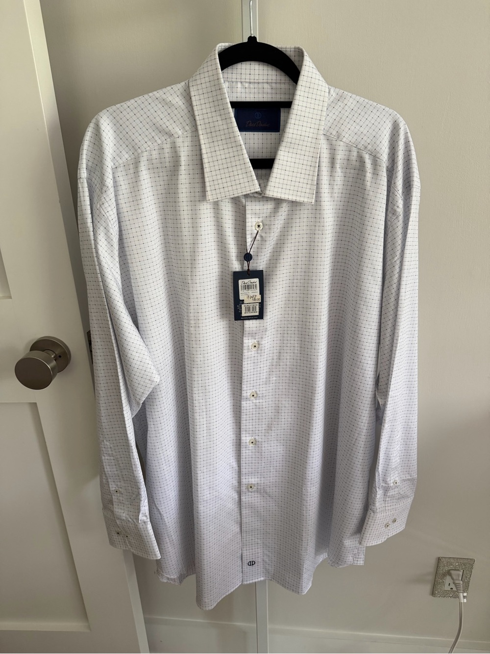 David Donahue White Dress Shirt with Navy & Grey Grid, 18.5 34/35 NWT